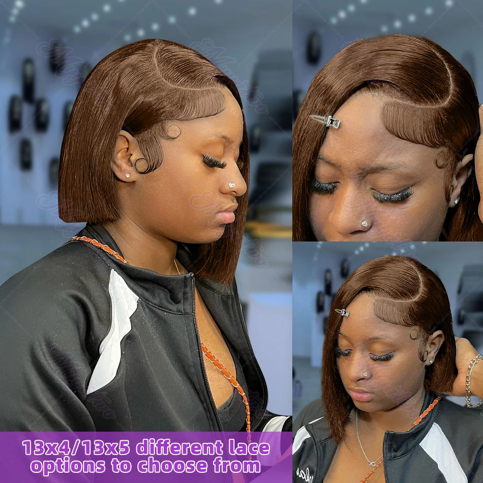Brazilian  250 Density Short Bob 13x4 HD Transparent Lace Front Human Hair Wig Chocolate Brown Straight 13x5 Lace Frontal Wigs