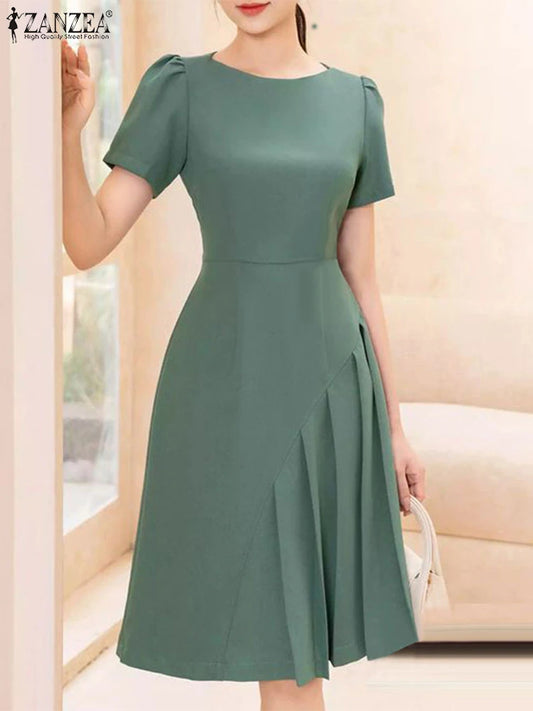 Elegant Pleated Dress ZANZEA Summer O Neck Short Sleeve Sundress Women Stylish Casual Work Party Vestidos Solid Knee Length Robe