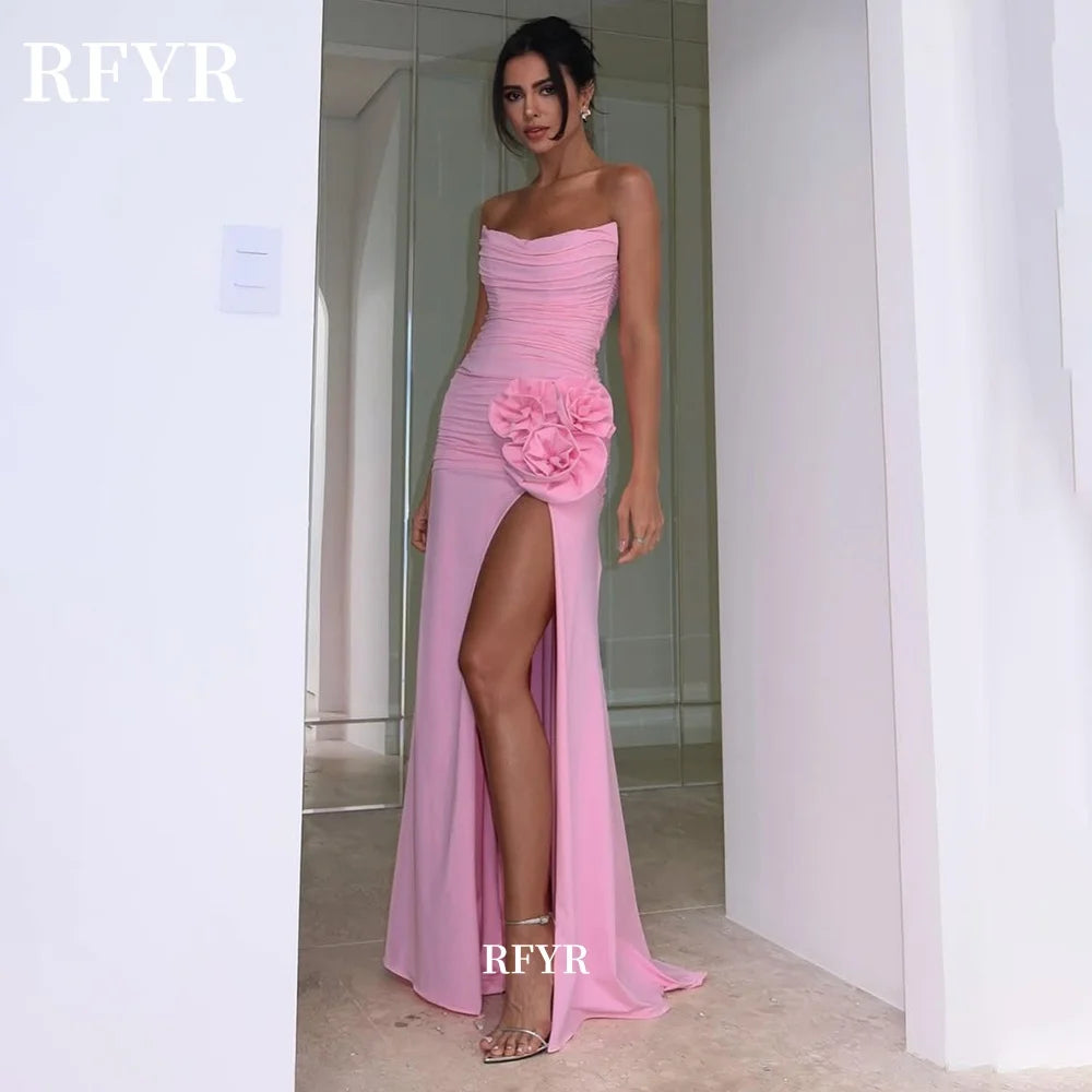 RFYR Chiffon Prom Dress Strapless Party Dress 3D Flowers Evening Dress Pleats Formal Party Dress with Slit Vestidos De Noche