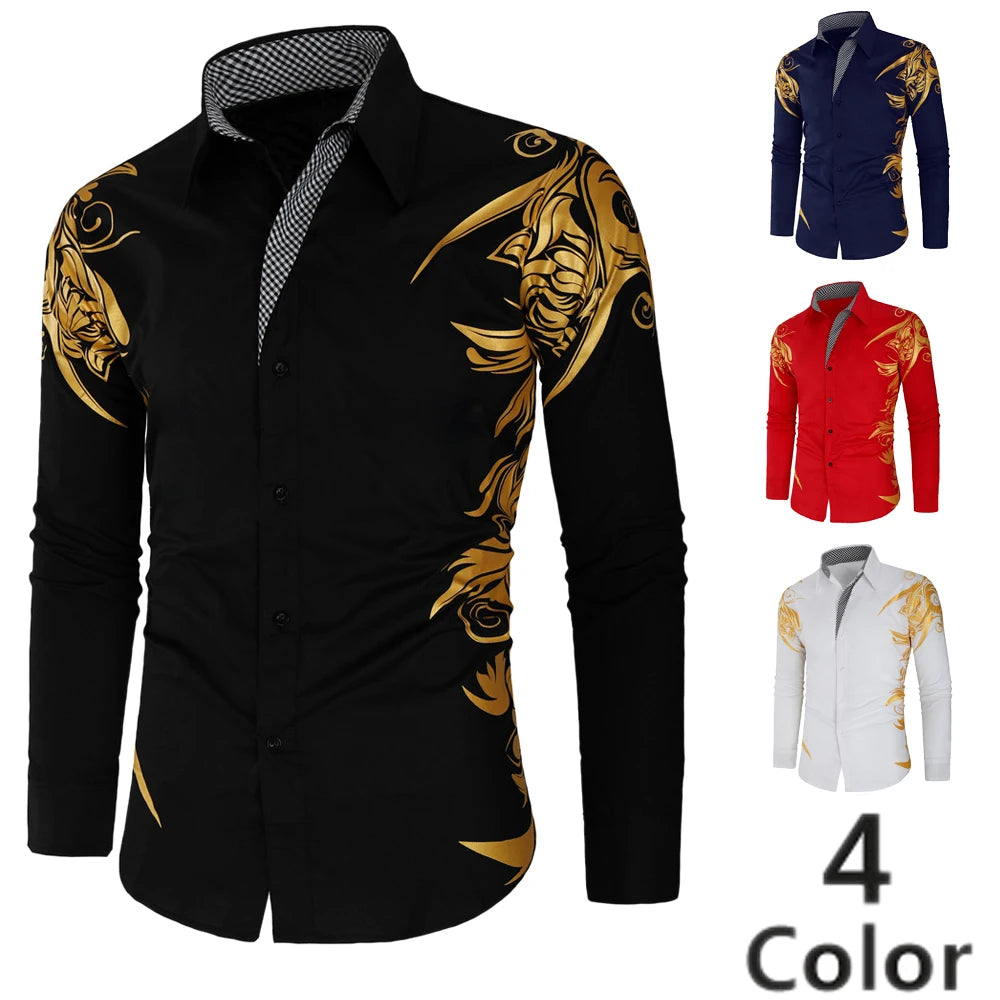 2024 Men's Brand Shirt, Luxury Gold High Quality Long Sleeve Shirts, Business White Black Men Dress Prom Social Print Shirts