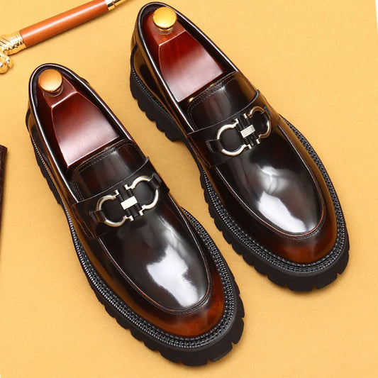 cow leather British loafers men glossy leather business casual Heightenin shoes non slip tire soles dress shoes Round toe shoes