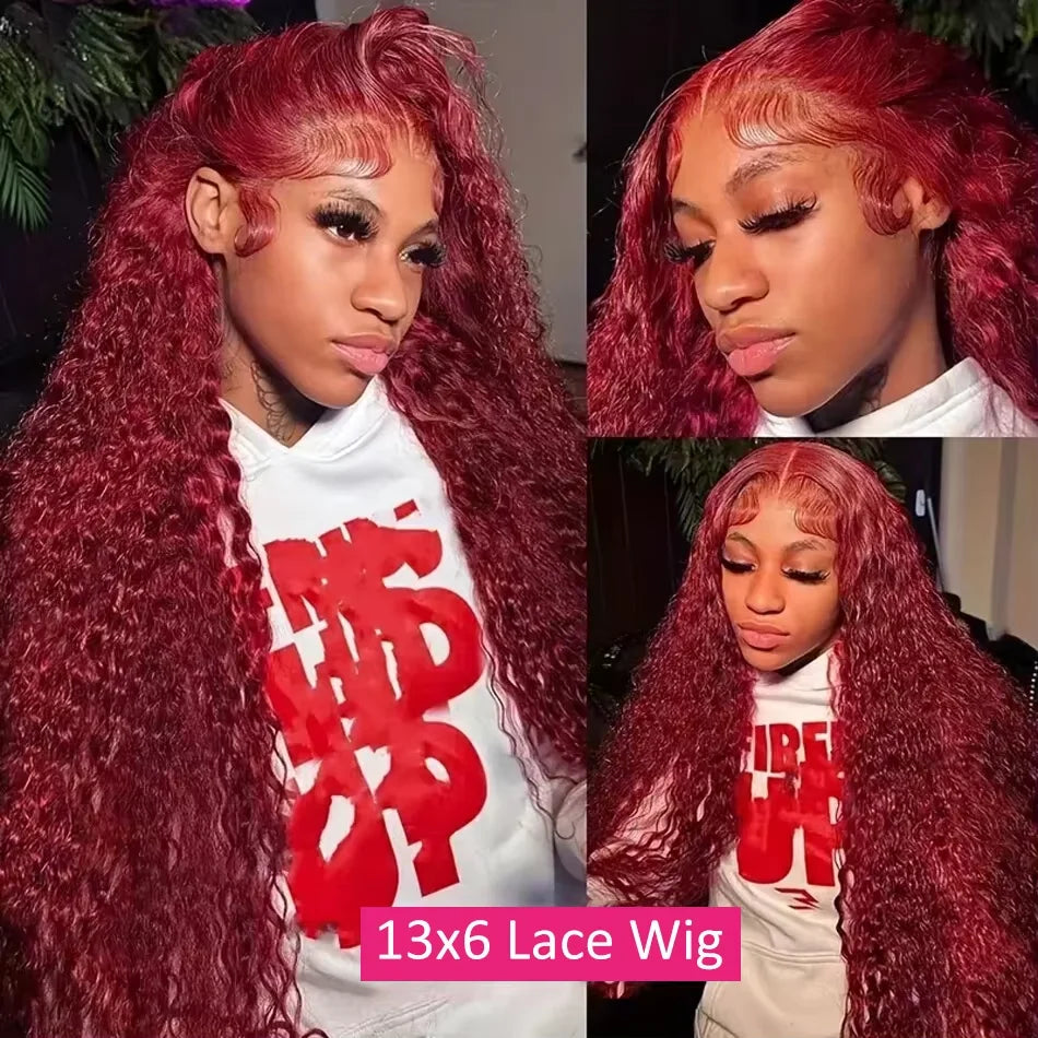 Burgundy Curly 13x6 Hd Lace Frontal Wig Human Hair 100% Brazilian 13x4 Water Deep Wave 99J Red Colored Wig For Women 30 40 Inch