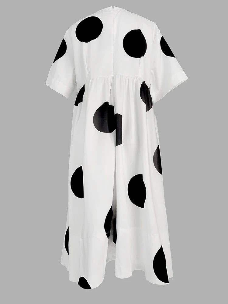 Modigirl Women Midi Shirts Dress 2025 Summer Short Sleeves Black and White Polka Dot Daily Casual Simple Female A-line Dresses