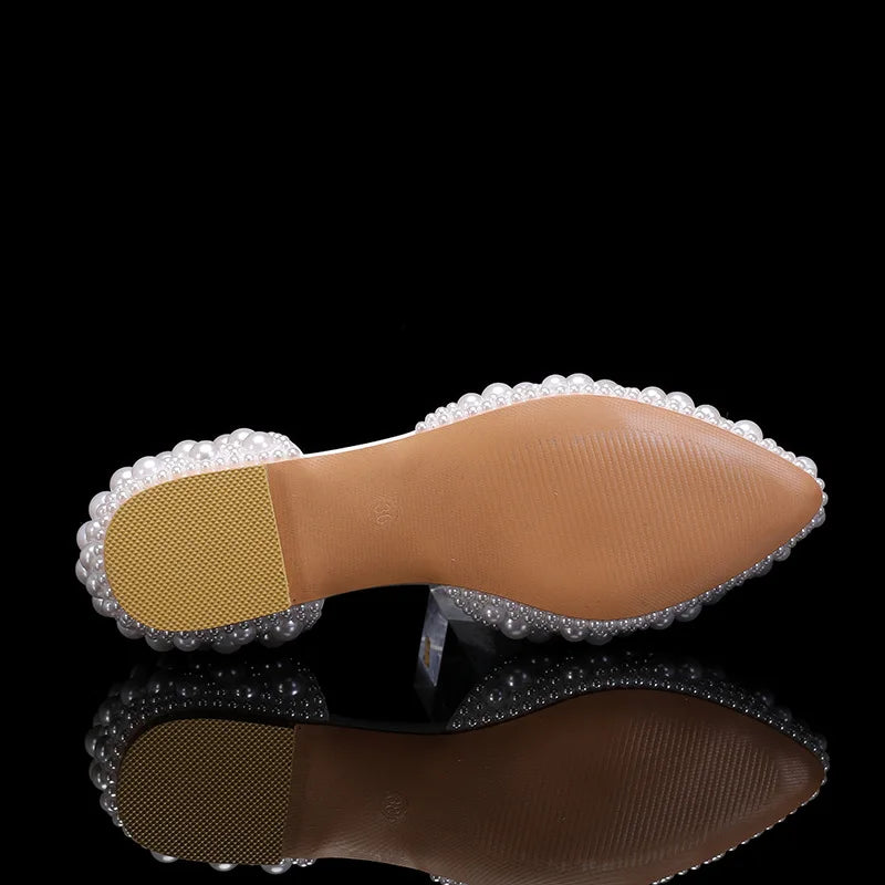 2024 Autumn New Fish Mouth High Heels Slim Heels Shallow Mouth Water Diamond Pearl Women's Single Shoes Wedding Wedding Shoes