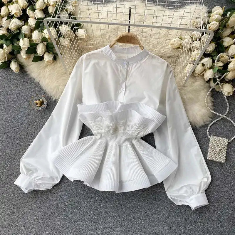 XFPV Women Puff Sleeve Pleated Ruffle Solid Casual Blouse Patchwork Y2k Top Slim Waist Shirt Sweet Summer Spring 2025 SM2983