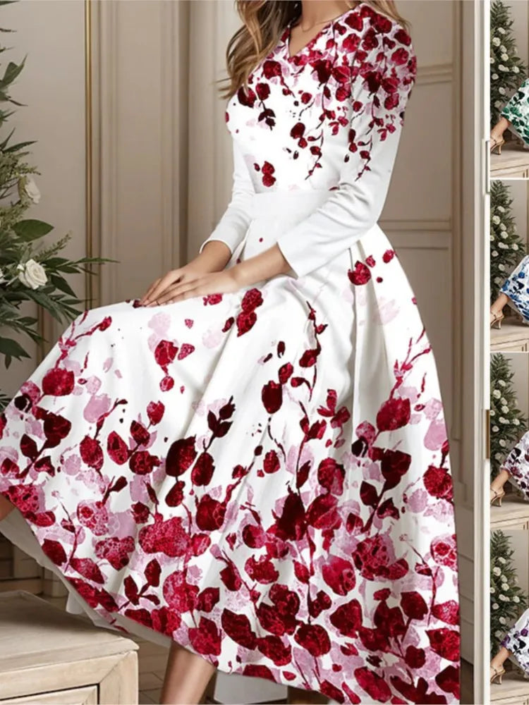 Casual Floral Print Vintage Dress For Women New Spring Autumn Full Sleeve V-neck Long Dress Elegant Party Dresses Female