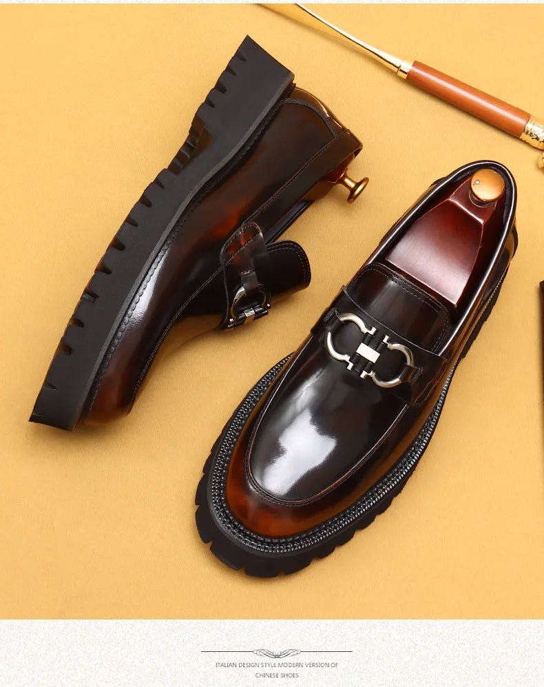 cow leather British loafers men glossy leather business casual Heightenin shoes non slip tire soles dress shoes Round toe shoes