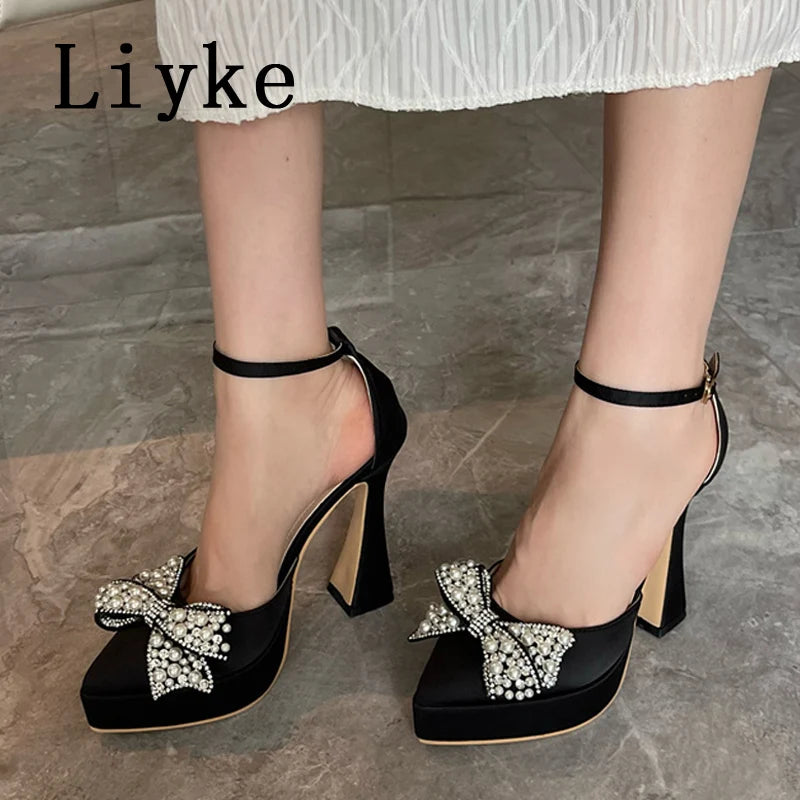 Liyke Ins Style Pearl Butterfly-Knot Women High Heels Sandals Sexy Thick Bottom Pointed Toe Platform Pumps Wedding Banquet Shoes