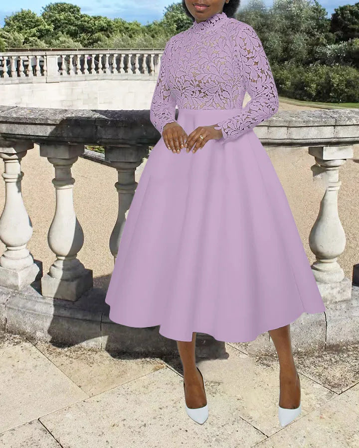 Women Long Dress A Line Dresses Lace Floral Party Night Wedding Mock Neck White Prom Hight Waist Slim Elegant Maxi Vestidos