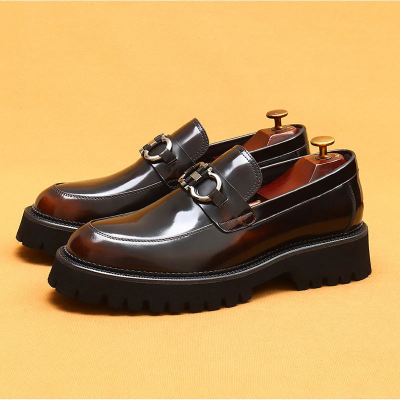 cow leather British loafers men glossy leather business casual Heightenin shoes non slip tire soles dress shoes Round toe shoes
