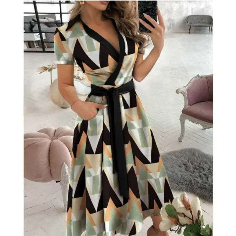 2023 Spring Autumn Dress Women Fashion Solid Slim Pocket Lace Up Dress Women Casual Printed Short Sleeve V-neck High Waist Dress