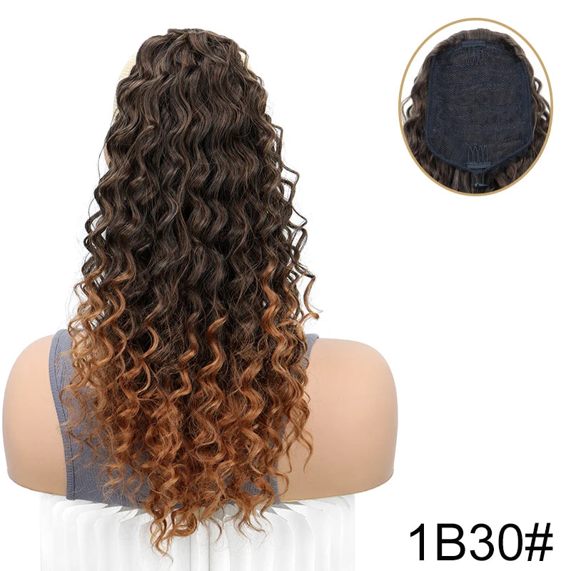 WIGSIN 18Inch Synthetic Kinky Curly Ponytail Hair Short Fluffy Curly Drawstring Clip Hair Extension Black Hairpiece for Women