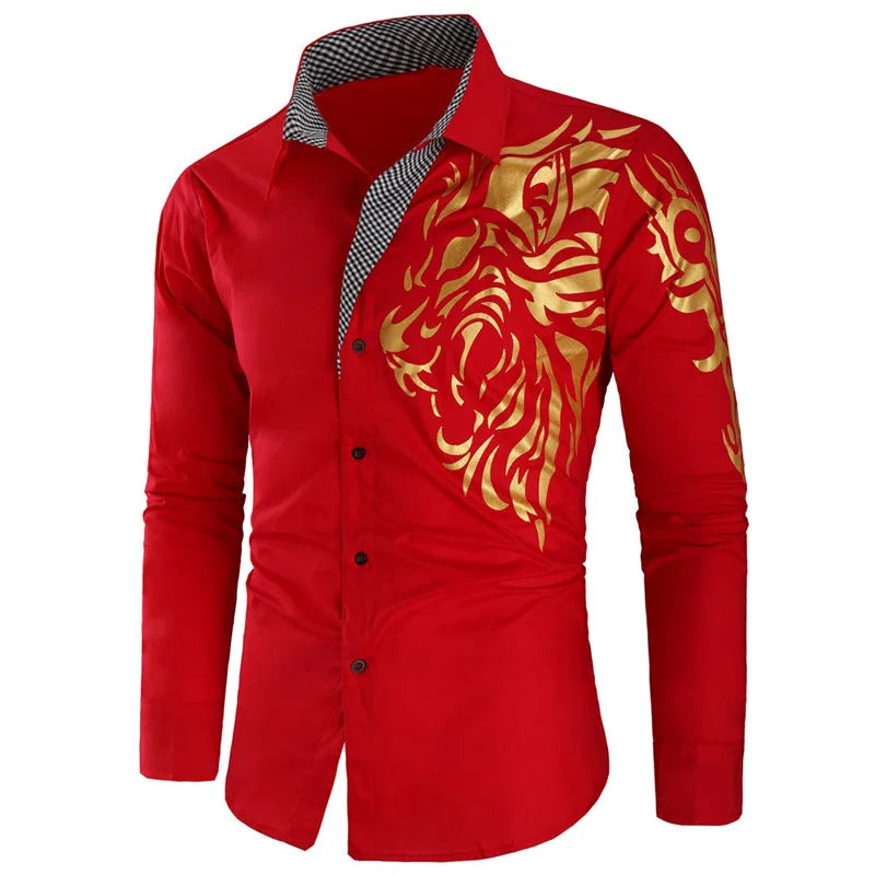 2024 Men's Brand Shirt, Luxury Gold High Quality Long Sleeve Shirts, Business White Black Men Dress Prom Social Print Shirts