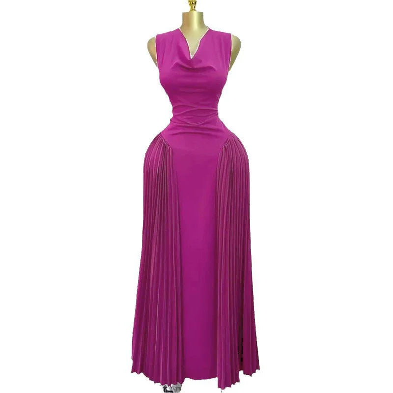 CM.YAYA 2025 Summer Elegant Sleeveless Sweet V-Neck Floor-Length Long Women Dress Beach Party Evening Sexy Pleated Dresses