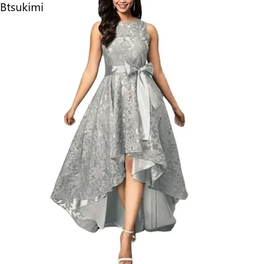 2025 Women's Wedding Bridesmaid Dress Elegant Lace Evening Sweet Party Dress Plus Size Slim High Waist Bow Maxi Dresses Female