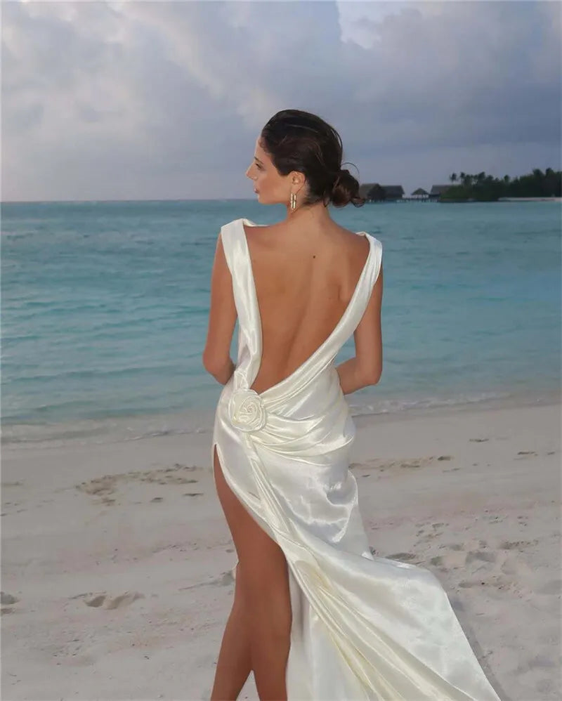 Mozision Satin Backless Sexy Maxi Dress For Women Elegant Rose Thigh High Split Beach Holiday Long Dress Gorgeous Club Gown