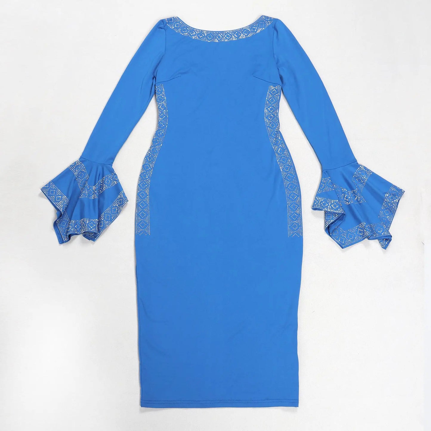 CM.YAYA Women O-neck Elegant Long Flare Sleeve Rhinestones Midi Dress 2025 OL Pencil Streetwear Africa Club Dresses Vestidos