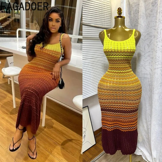 FAGADOER Summer Fashion Knitting Bodycon Maxi Dress Women Rainbow Color Spaghetti Strap Long Dress Female Streetwear Vestidos