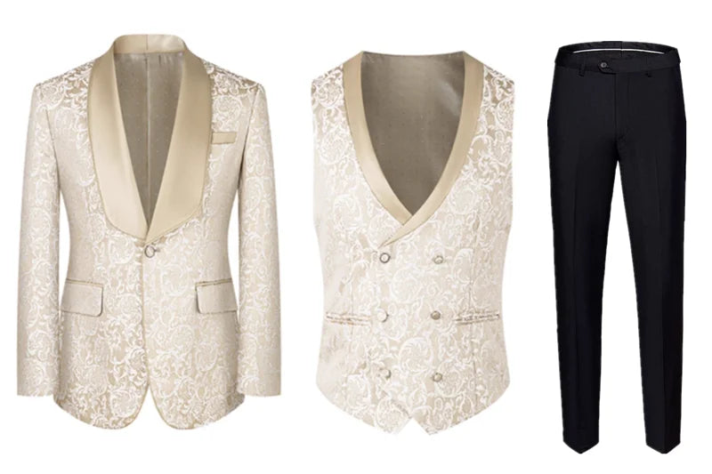 Men High Quality Wedding Jacquard Suits Fashion Male Business Social Dance Party Dress Blazers and Pant with Vest