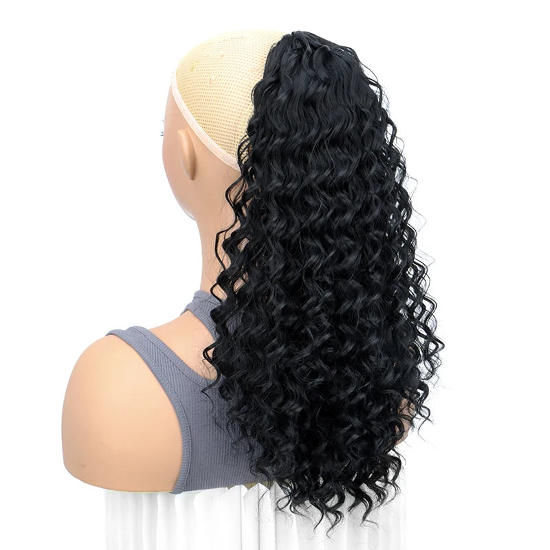WIGSIN 18Inch Synthetic Kinky Curly Ponytail Hair Short Fluffy Curly Drawstring Clip Hair Extension Black Hairpiece for Women