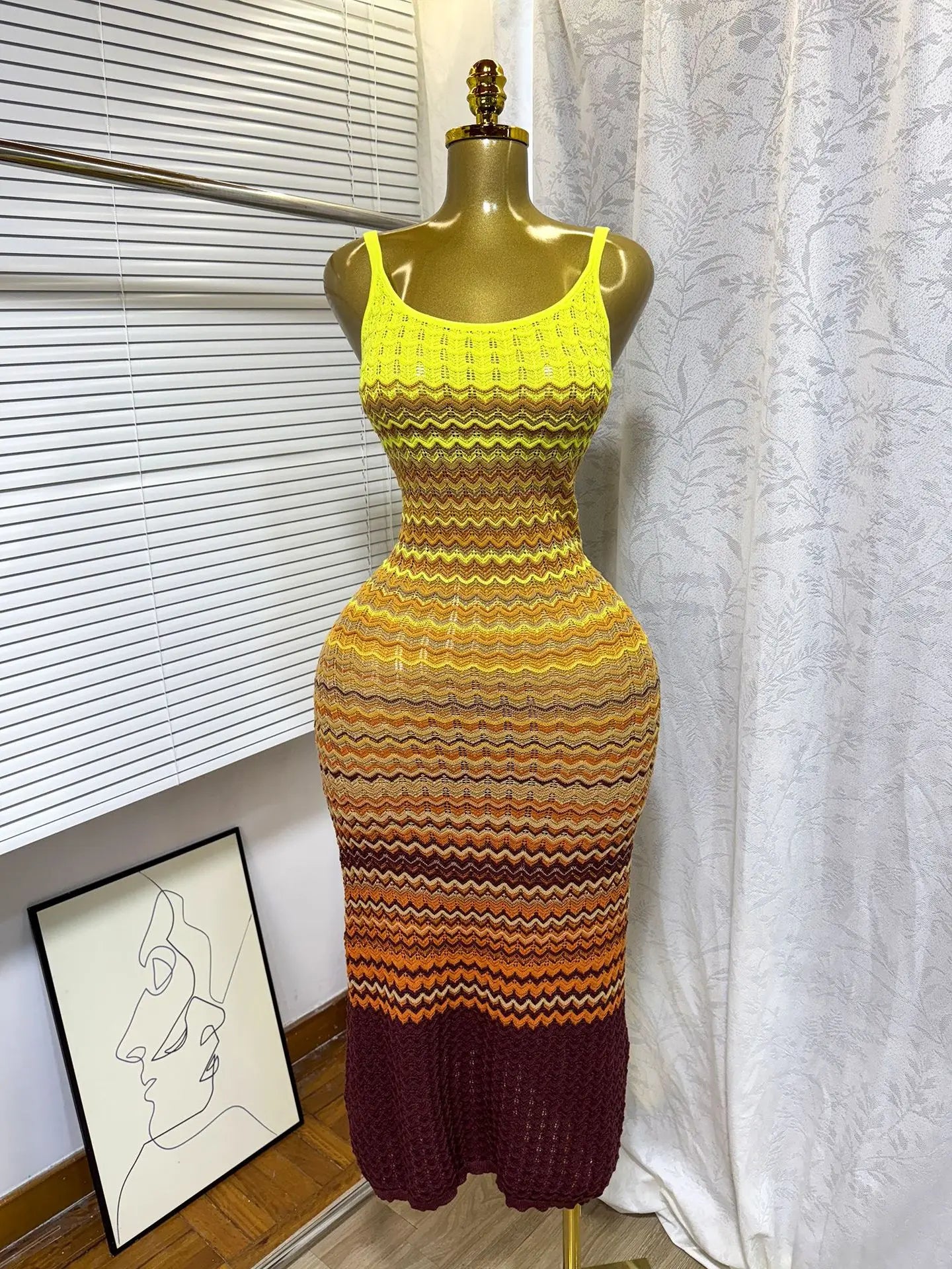 FAGADOER Summer Fashion Knitting Bodycon Maxi Dress Women Rainbow Color Spaghetti Strap Long Dress Female Streetwear Vestidos