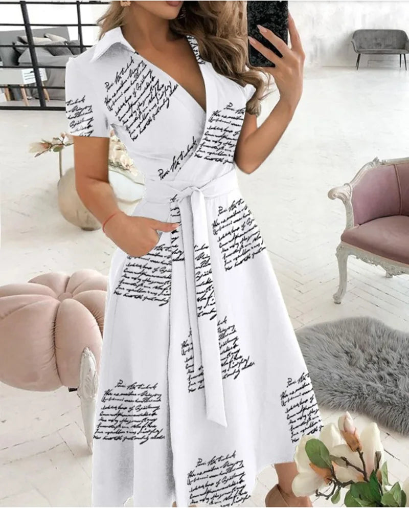 2023 Spring Autumn Dress Women Fashion Solid Slim Pocket Lace Up Dress Women Casual Printed Short Sleeve V-neck High Waist Dress