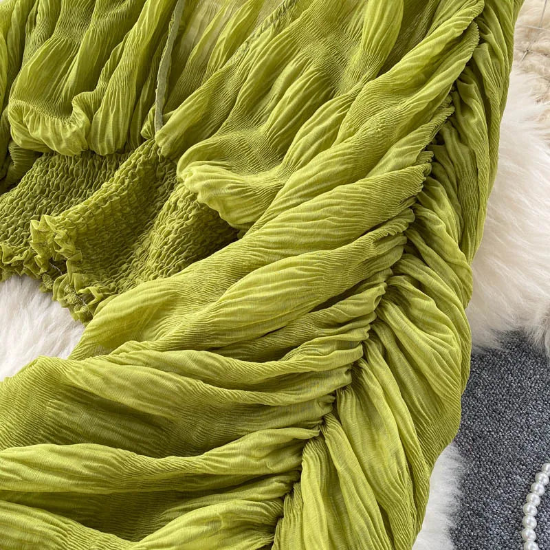 Women Sexy Chiffon Short Blouse Female See Through Super Long Sleeve Blusas Purple/Green/Black/White Folds Party Tops 2022 New