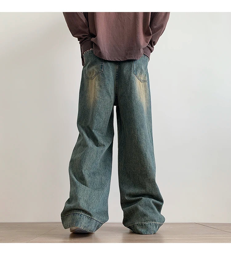 Distressed Vintage Blue Jeans Pants Men Wide-leg Denim Trousers Male Oversize Streetwear Fashion Casual Baggy Straight Jeans