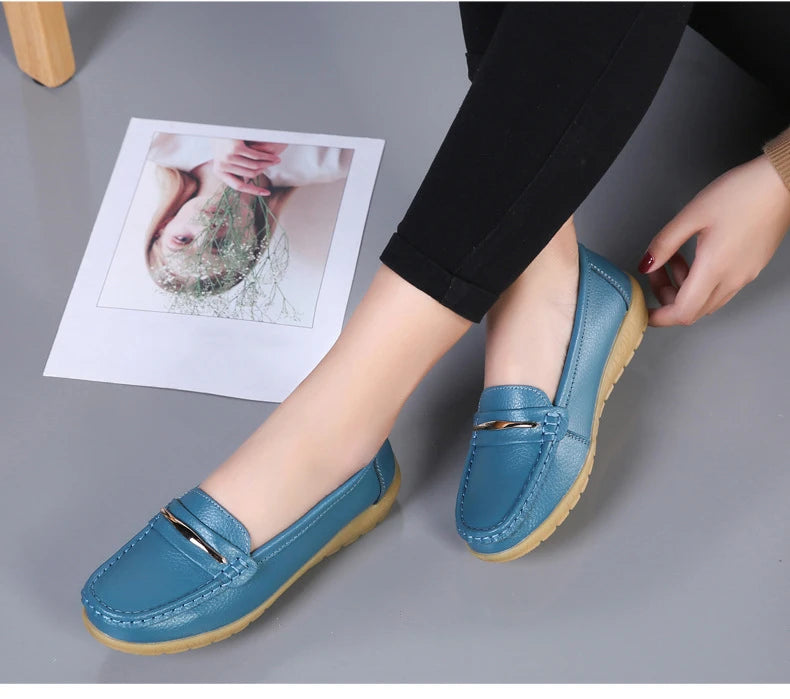 WOIZGIC Women's Mother Ladies Woman Female Genuine Leather Shoes Flats Loafers Platform Bling Slip On Moccasins Plus Size 43 44