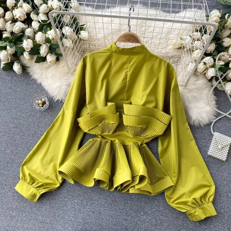 XFPV Women Puff Sleeve Pleated Ruffle Solid Casual Blouse Patchwork Y2k Top Slim Waist Shirt Sweet Summer Spring 2025 SM2983