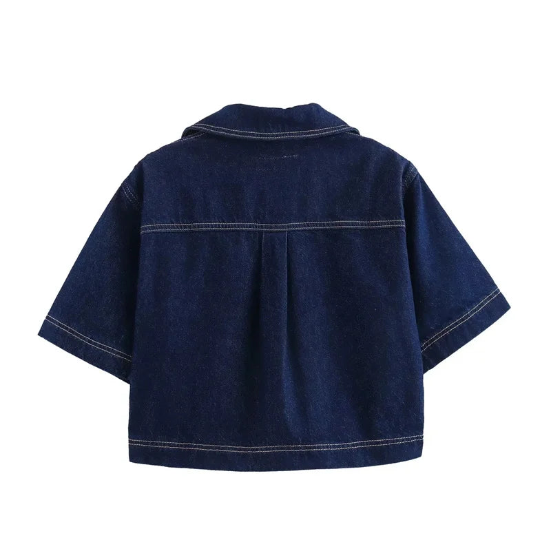 TRAF Blue Denim Shirt Woman Short Sleeve Cropped Shirt Women Summer Short Tops Woman Streetwear Y2k Stylish Women's Blouse