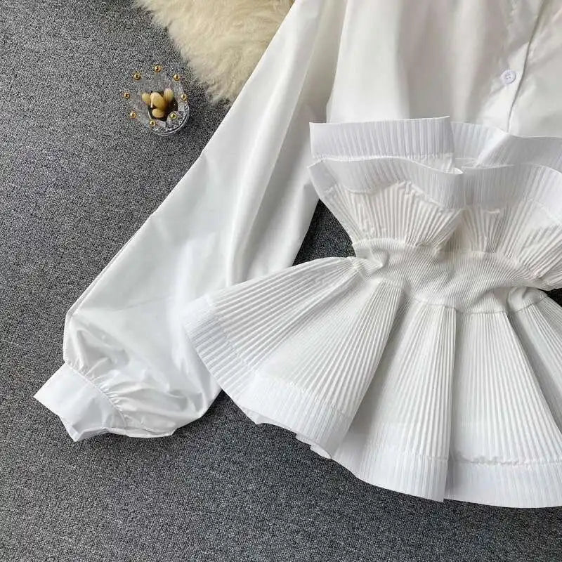 XFPV Women Puff Sleeve Pleated Ruffle Solid Casual Blouse Patchwork Y2k Top Slim Waist Shirt Sweet Summer Spring 2025 SM2983