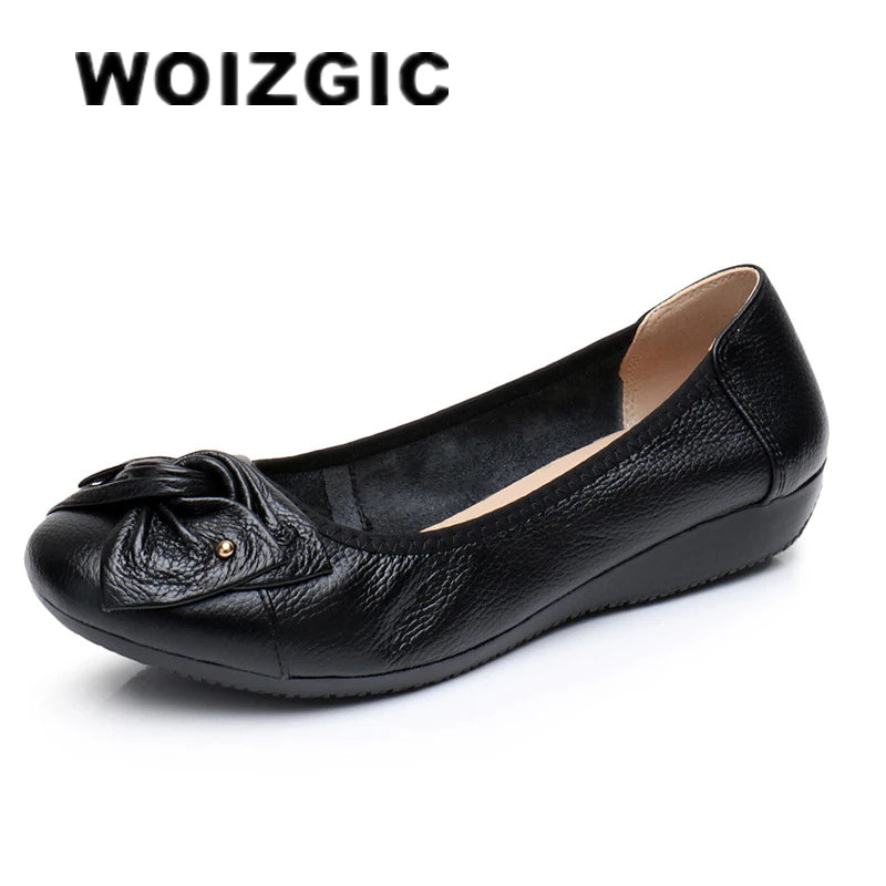 WOIZGIC Women's Female Ladies Mother Woman Flats Shoes Loafers Genuine Leather Slip On Summer Round Toe Size 35-43 ZBM-1108