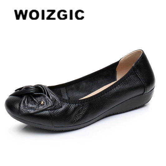 WOIZGIC Women's Female Ladies Mother Woman Flats Shoes Loafers Genuine Leather Slip On Summer Round Toe Size 35-43 ZBM-1108