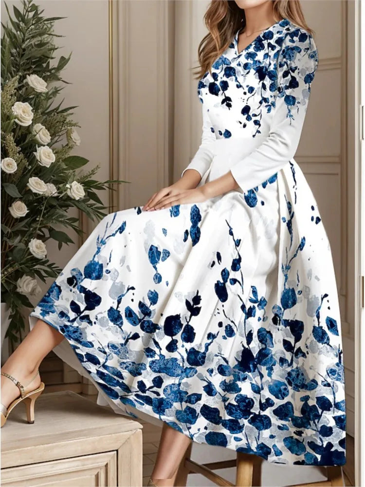 Casual Floral Print Vintage Dress For Women New Spring Autumn Full Sleeve V-neck Long Dress Elegant Party Dresses Female
