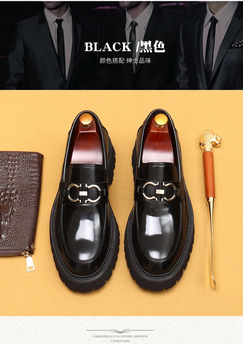 cow leather British loafers men glossy leather business casual Heightenin shoes non slip tire soles dress shoes Round toe shoes