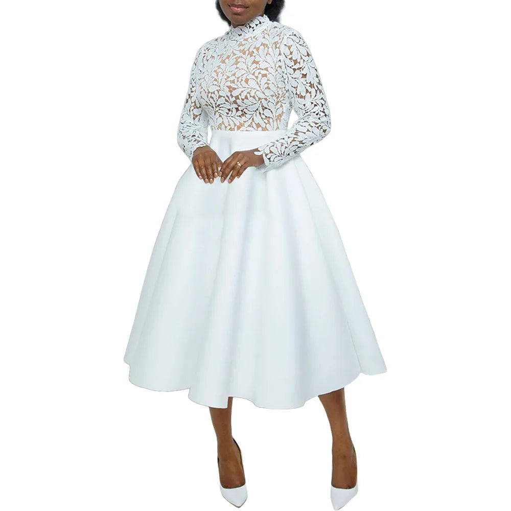 Women Long Dress A Line Dresses Lace Floral Party Night Wedding Mock Neck White Prom Hight Waist Slim Elegant Maxi Vestidos