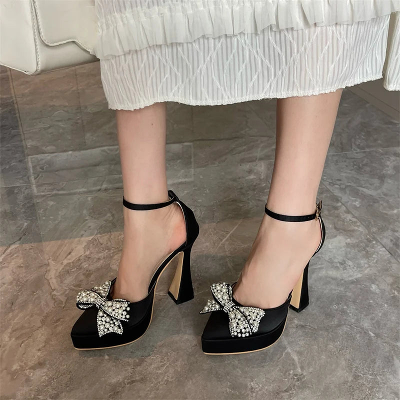 Liyke Ins Style Pearl Butterfly-Knot Women High Heels Sandals Sexy Thick Bottom Pointed Toe Platform Pumps Wedding Banquet Shoes