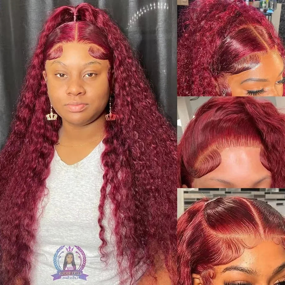Burgundy Curly 13x6 Hd Lace Frontal Wig Human Hair 100% Brazilian 13x4 Water Deep Wave 99J Red Colored Wig For Women 30 40 Inch