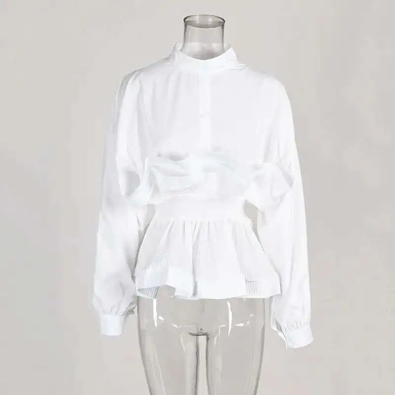 XFPV Women Puff Sleeve Pleated Ruffle Solid Casual Blouse Patchwork Y2k Top Slim Waist Shirt Sweet Summer Spring 2025 SM2983