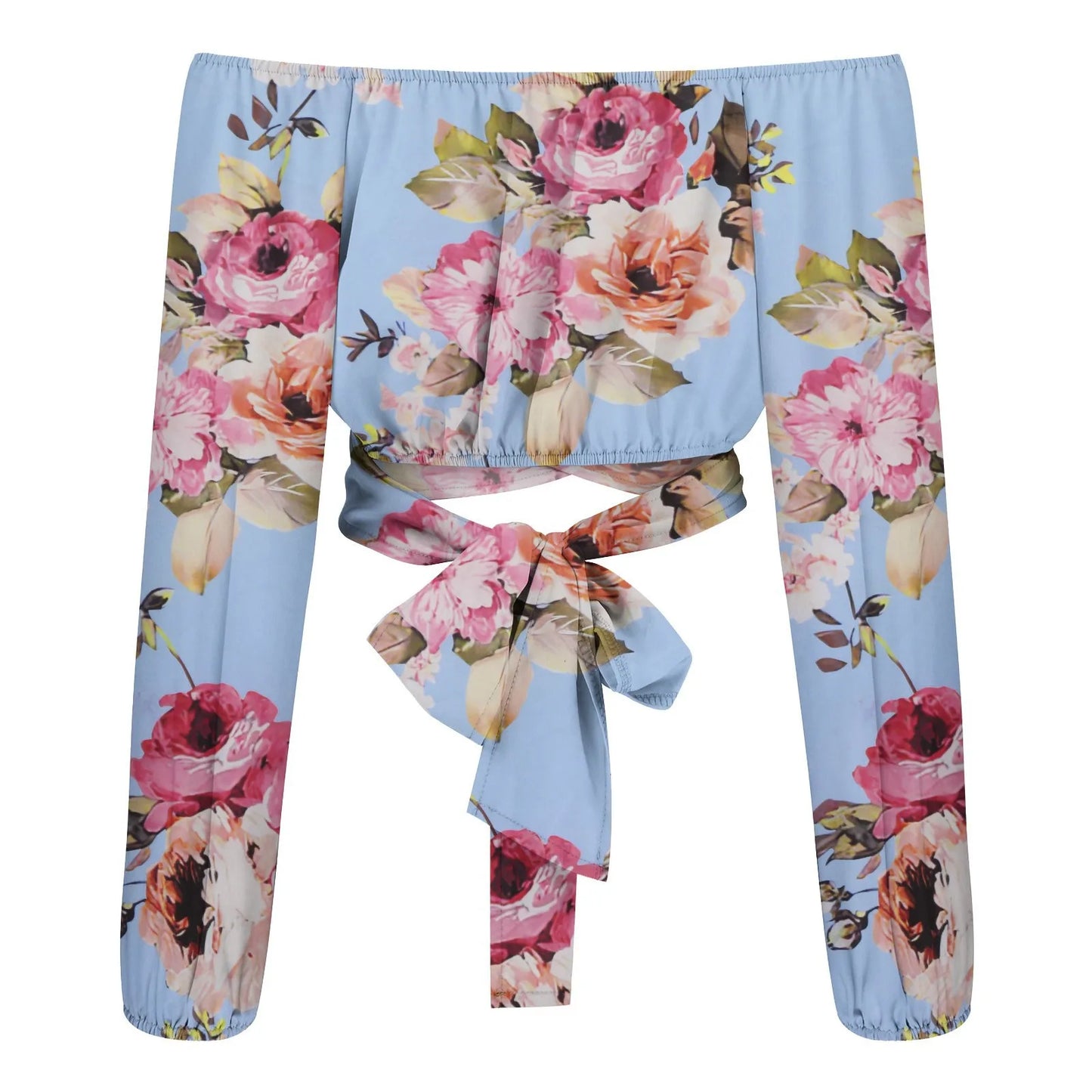 Women Sexy Off Shoulder Blouse Chic and Elegant Printing Lantern Long Sleeve Lace Up Bow Cropped Tops Casual Slim Shirts 2024