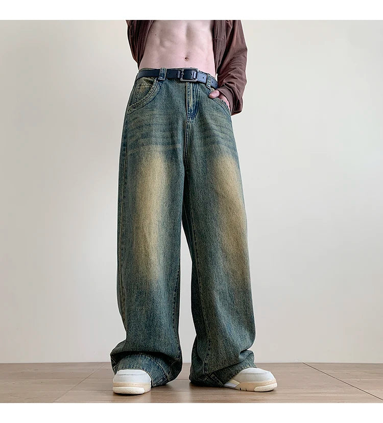 Distressed Vintage Blue Jeans Pants Men Wide-leg Denim Trousers Male Oversize Streetwear Fashion Casual Baggy Straight Jeans