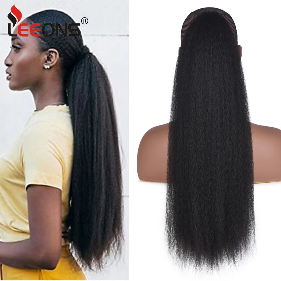 22 Inches Black Kinky Straight Ponytail Extension Synthetic Drawstring Ponytail For Black Women Yaki Pony Tails Hair Extensions