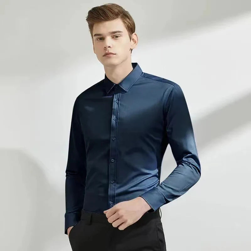 Men's long sleeved elastic shirt, non ironing business dress, professional work attire, stand up collar shirt  men shirts