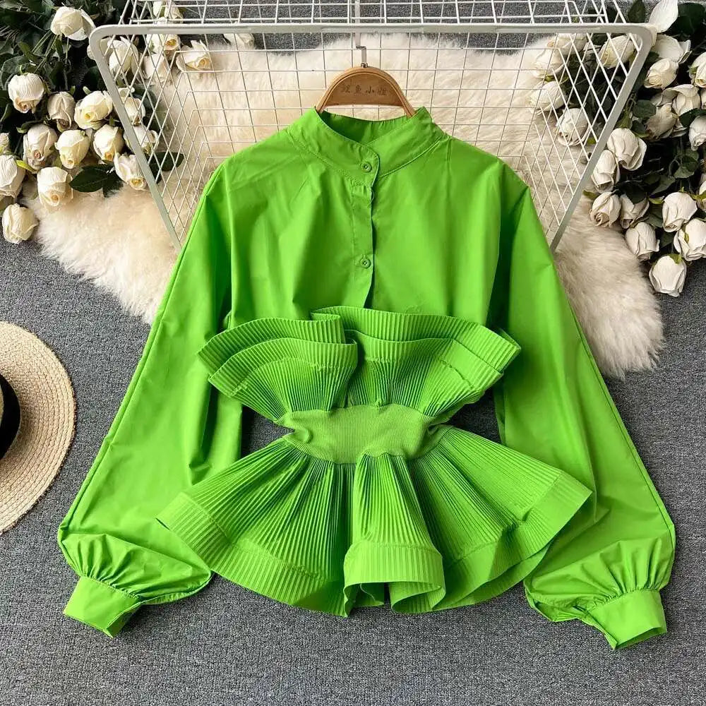 XFPV Women Puff Sleeve Pleated Ruffle Solid Casual Blouse Patchwork Y2k Top Slim Waist Shirt Sweet Summer Spring 2025 SM2983