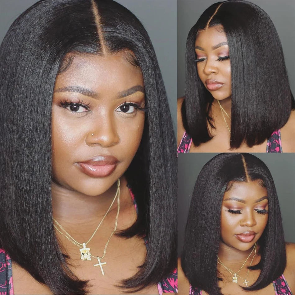 Kinky Straight Short Bob 100% Human Hair Wig for Women 13x4 Front Transparent Lace Glueless Peruvain Remy Hair Soft Yaki Bob Wig