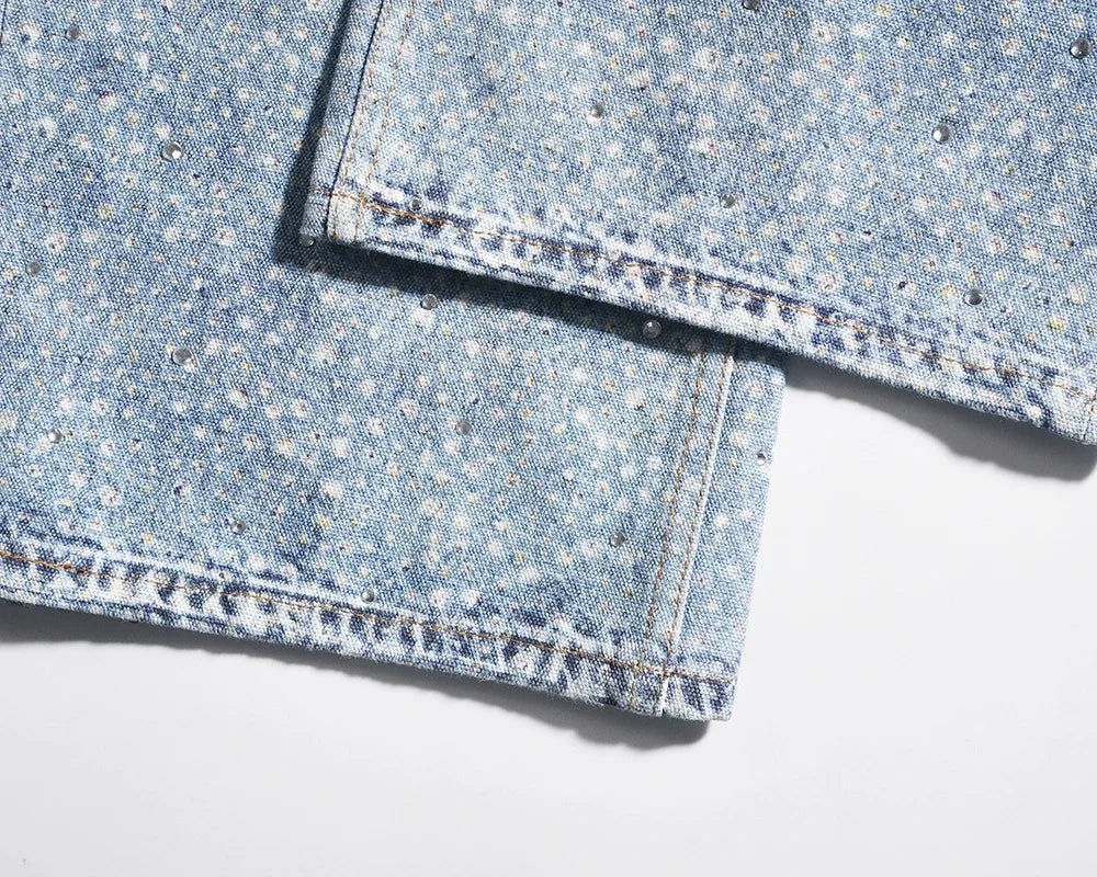 Full Rhinestone Print Washed Blue Baggy Jeans Mens and Women Ropa Hombre Streetwear Solid Casual Denim Trousers Loose Cargos