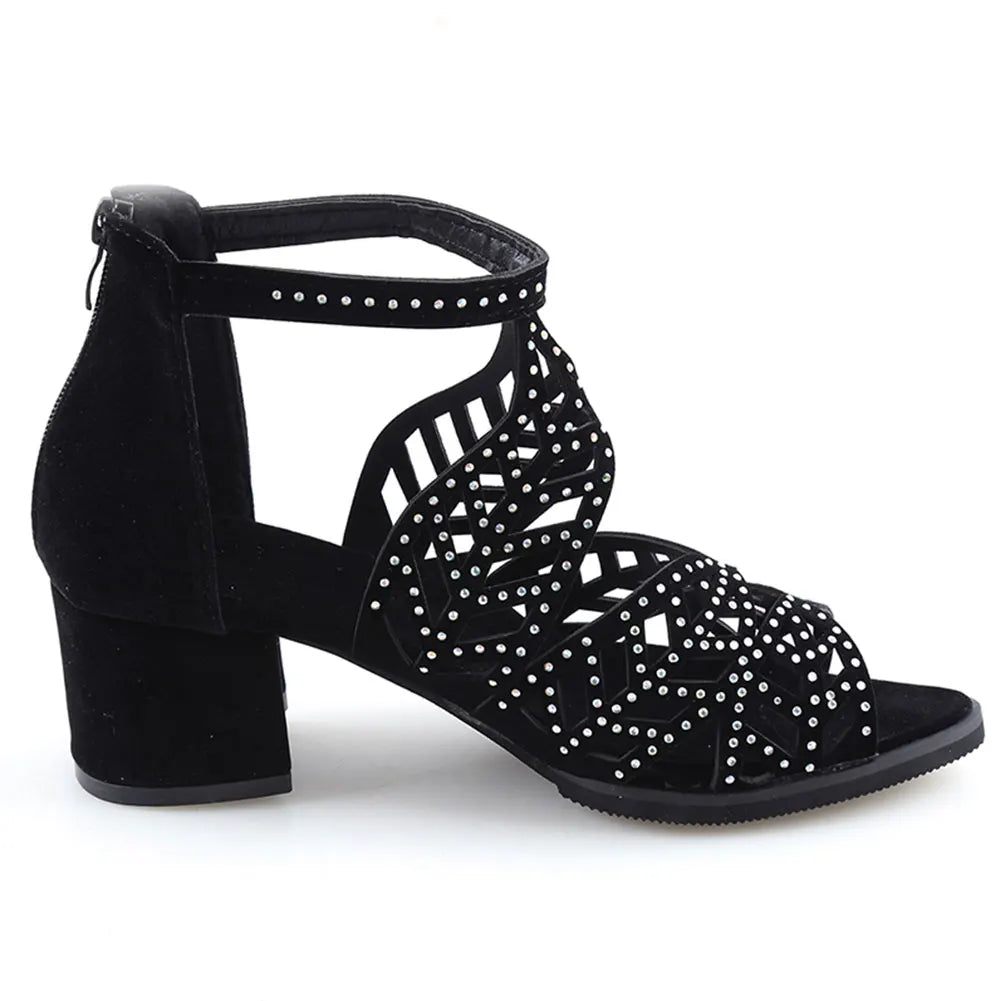 2022 New Style Women Summer Hollow Out Faux Leather Rhinestones Thick Heel Zipper Sandals Shoes Eur 35-41