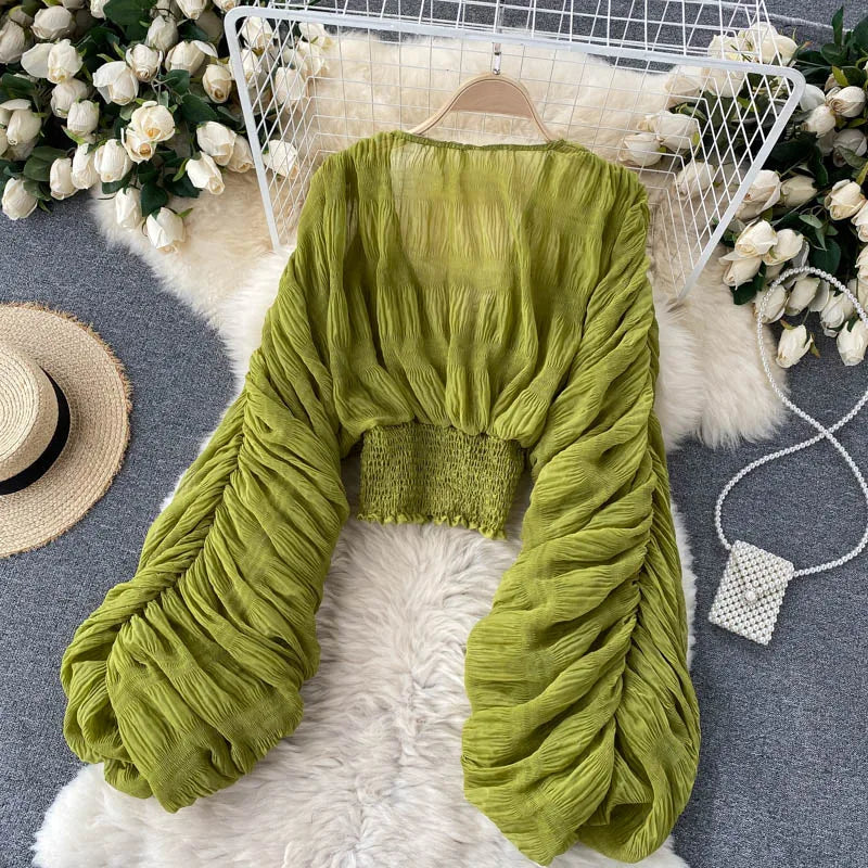 Women Sexy Chiffon Short Blouse Female See Through Super Long Sleeve Blusas Purple/Green/Black/White Folds Party Tops 2022 New