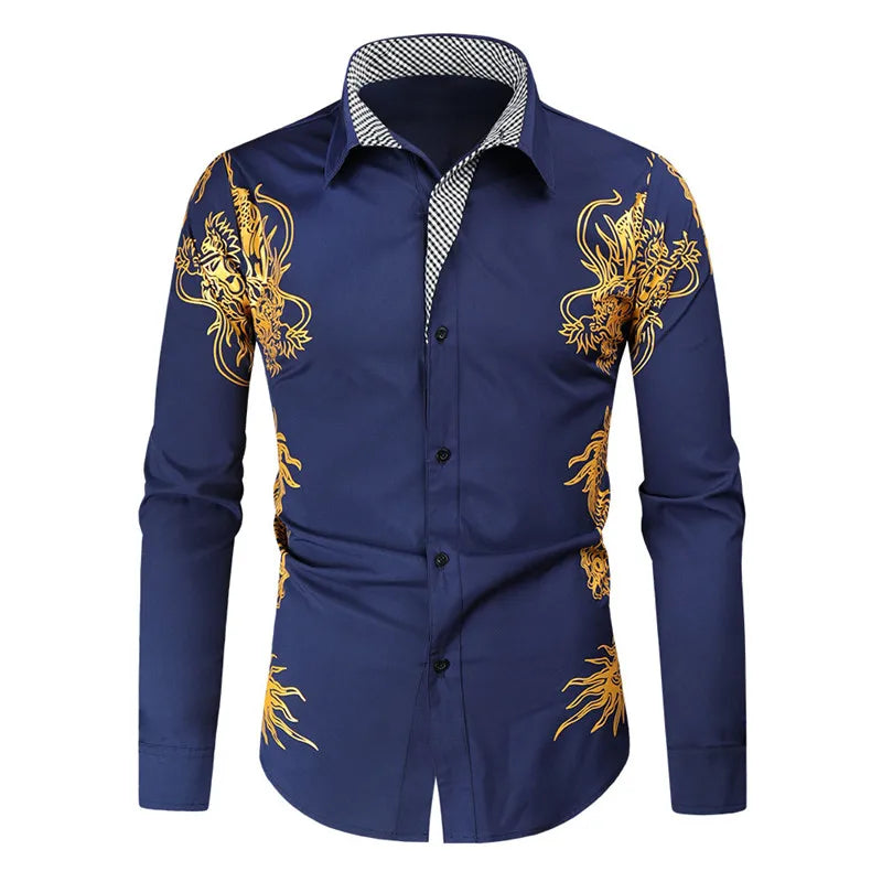 2024 Men's Brand Shirt, Luxury Gold High Quality Long Sleeve Shirts, Business White Black Men Dress Prom Social Print Shirts